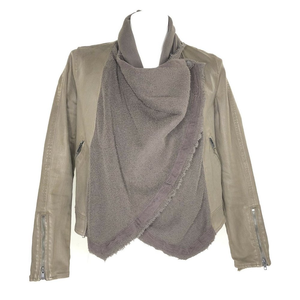 Free People Coated Drape Front Moto Jacket Waxed Cotton Olive Green Khaki Size 8